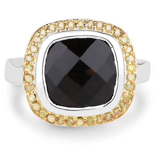 3.67 Carat Genuine Smoky Quartz and Yellow Diamond .925 Sterling Silver Ring - Image 6
