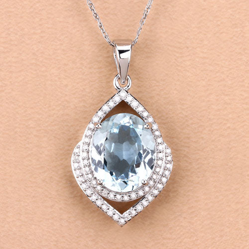 3.82 Carat Genuine Aquamarine and White Diamond 14K White Gold Pendant - Image 8