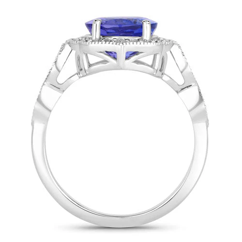 3.85 Carat Genuine Tanzanite and White Diamond 14K White Gold Ring - Image 2