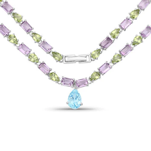32.50 Carat Genuine Multi Stones .925 Sterling Silver Necklace - Image 3