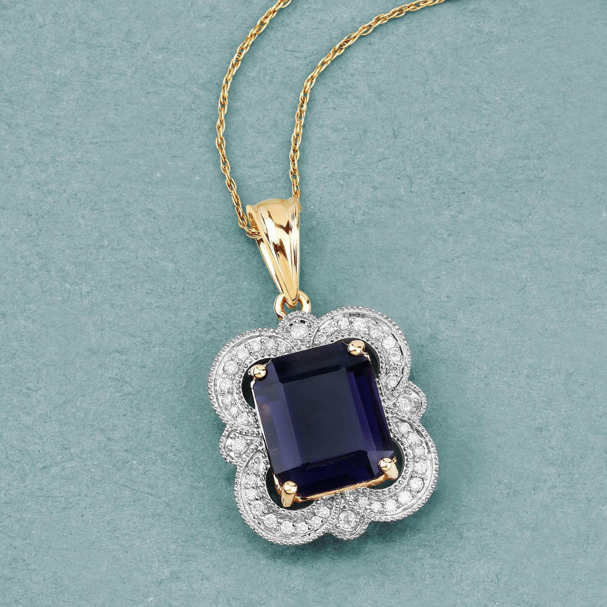 4.07 Carat Genuine Iolite and White Diamond 14K Yellow Gold Pendant - Image 2