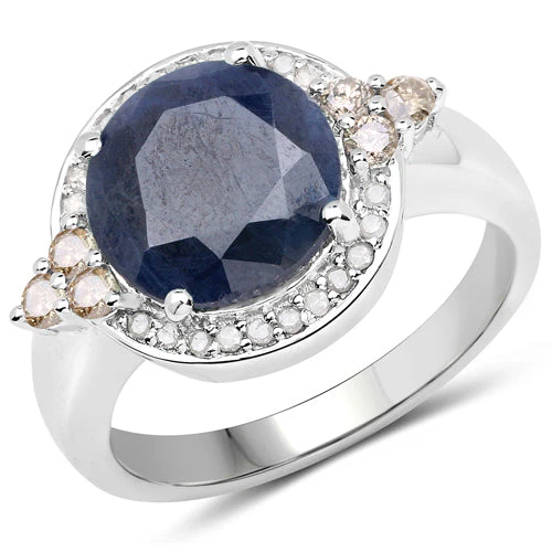 4.10 Carat Genuine Blue Sapphire, Champagne Diamond and White Diamond .925 Sterling Silver Ring - Image 4