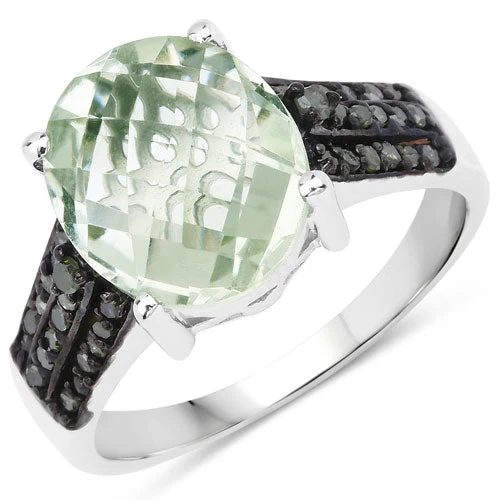 4.26 Carat Genuine Green Amethyst and Green Diamond .925 Sterling Silver Ring - Image 2
