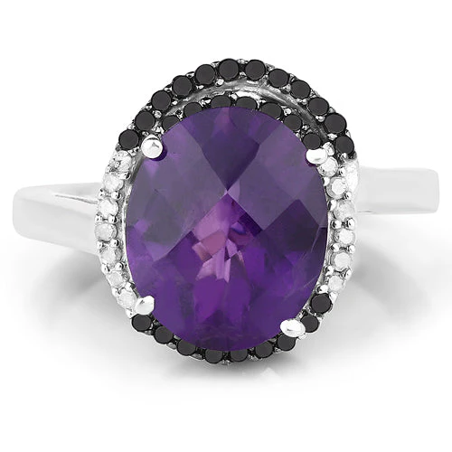 4.52 Carat Genuine Amethyst, Black Diamond & White Diamond .925 Sterling Silver Ring - Image 3