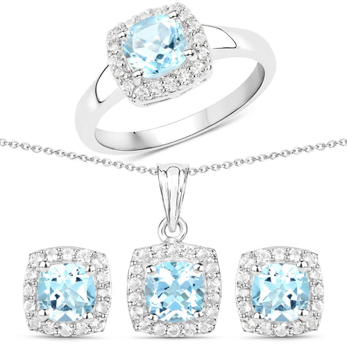 4.62 Carat Genuine Blue Topaz and White Topaz .925 Sterling Silver 3 Piece Jewelry Set (Ring, Earrings, and Pendant w/ Chain) - Image 5