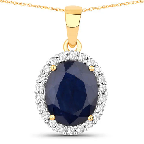 4.63 Carat Genuine Blue Sapphire and White Diamond 14K Yellow Gold Pendant