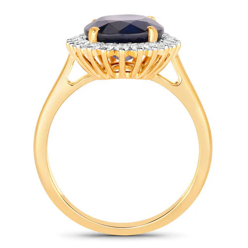 4.63 Carat Genuine Blue Sapphire and White Diamond 14K Yellow Gold Ring - Image 2