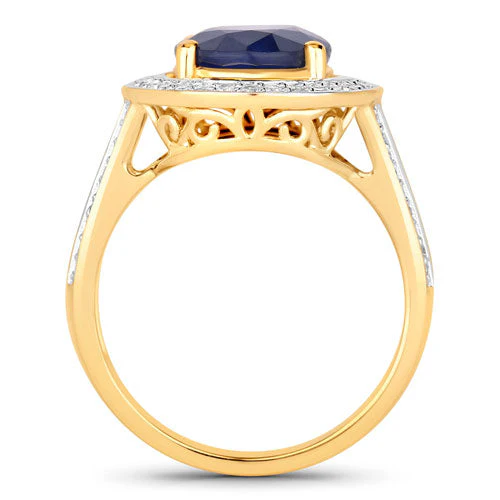 4.74 Carat Genuine Blue Sapphire and White Diamond 14K Yellow Gold Ring - Image 2