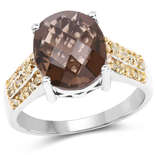 4.87 Carat Genuine Smoky Quartz and Yellow Diamond .925 Sterling Silver Ring - Image 4