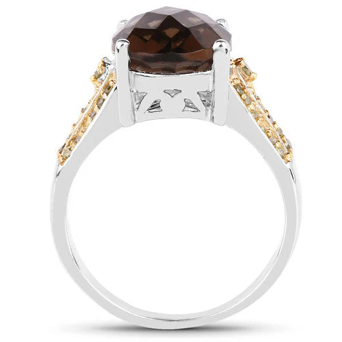 4.87 Carat Genuine Smoky Quartz and Yellow Diamond .925 Sterling Silver Ring - Image 5