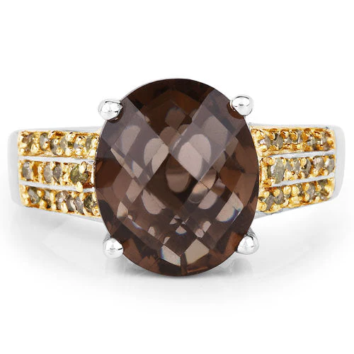 4.87 Carat Genuine Smoky Quartz and Yellow Diamond .925 Sterling Silver Ring - Image 6