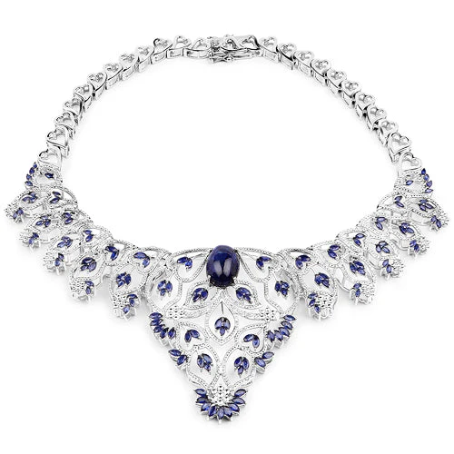 40.93 Carat Genuine Glass Filled Sapphire and White Diamond .925 Sterling Silver Necklace - Image 5