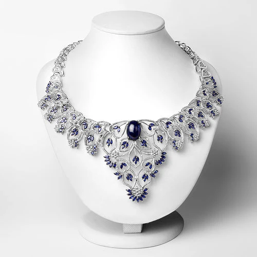 40.93 Carat Genuine Glass Filled Sapphire and White Diamond .925 Sterling Silver Necklace - Image 6