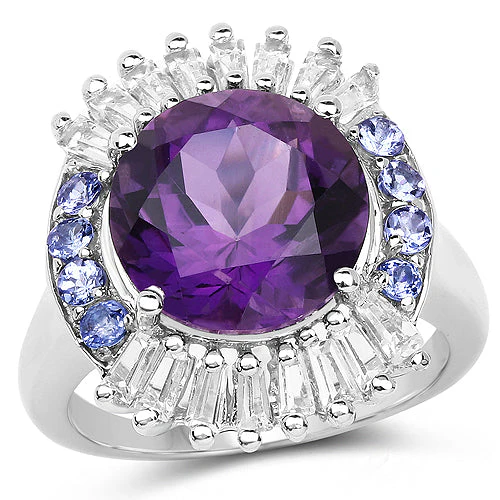 5.24 Carat Genuine Amethyst, Tanzanite & White Topaz .925 Sterling Silver Ring - Image 4