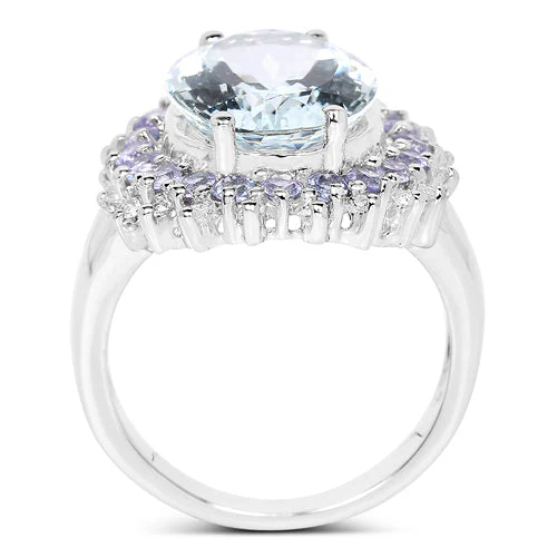 5.30 Carat Genuine Aquamarine, Tanzanite & White Topaz .925 Sterling Silver Ring - Image 5