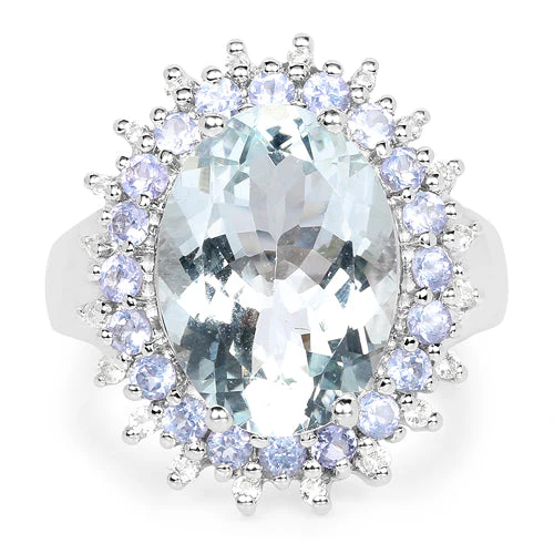 5.30 Carat Genuine Aquamarine, Tanzanite & White Topaz .925 Sterling Silver Ring - Image 6