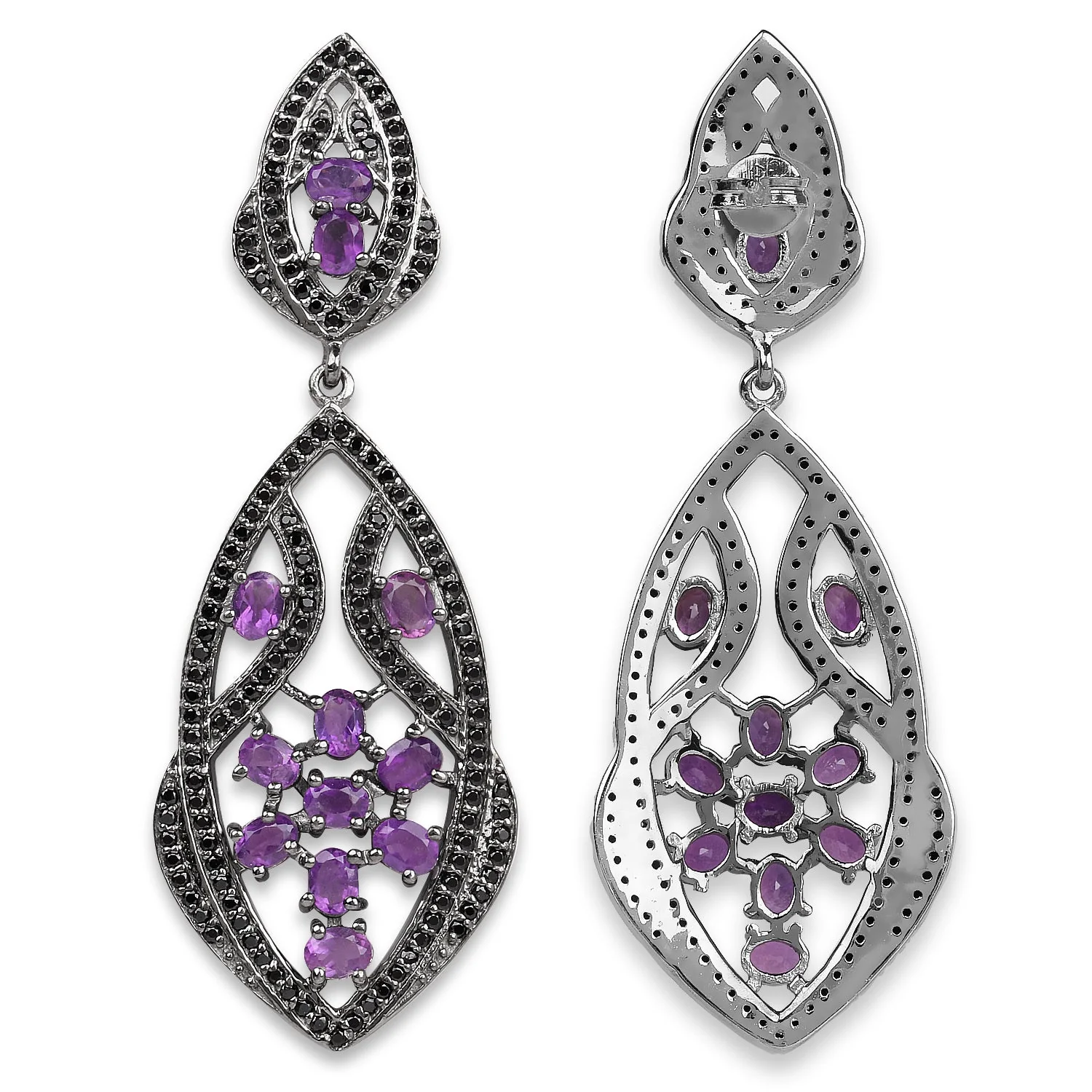 5.74 Carat Genuine Amethyst and Black Spinel .925 Sterling Silver Earrings - Image 2