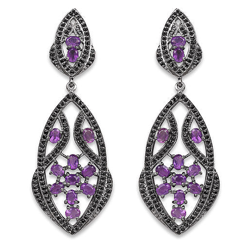5.74 Carat Genuine Amethyst and Black Spinel .925 Sterling Silver Earrings - Image 4