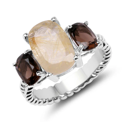 5.75 Carat Genuine Golden Rutile & Smoky Quartz .925 Sterling Silver Ring - Image 4