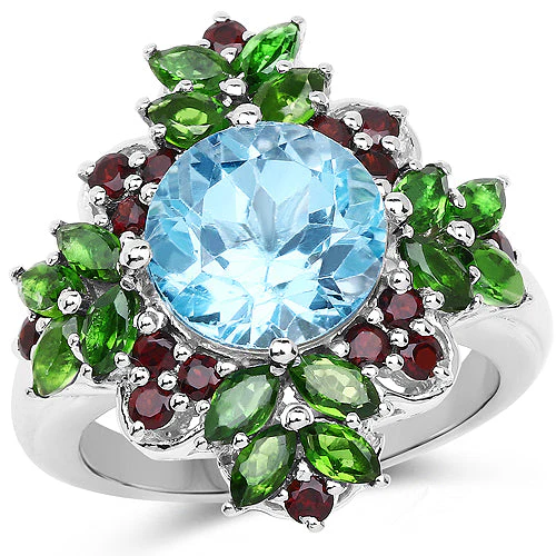 5.76 Carat Genuine Blue Topaz, Chrome Diopside & Garnet .925 Sterling Silver Ring - Image 4