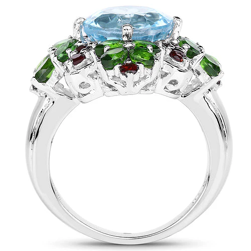 5.76 Carat Genuine Blue Topaz, Chrome Diopside & Garnet .925 Sterling Silver Ring - Image 5