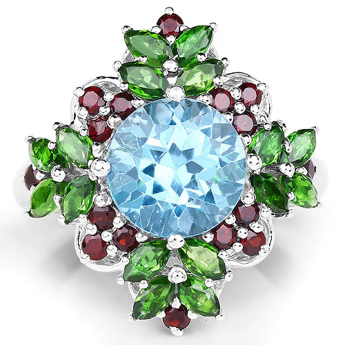 5.76 Carat Genuine Blue Topaz, Chrome Diopside & Garnet .925 Sterling Silver Ring - Image 6