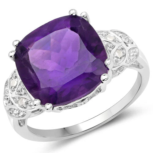 5.87 Carat Genuine Amethyst and White Diamond .925 Sterling Silver Ring - Image 5