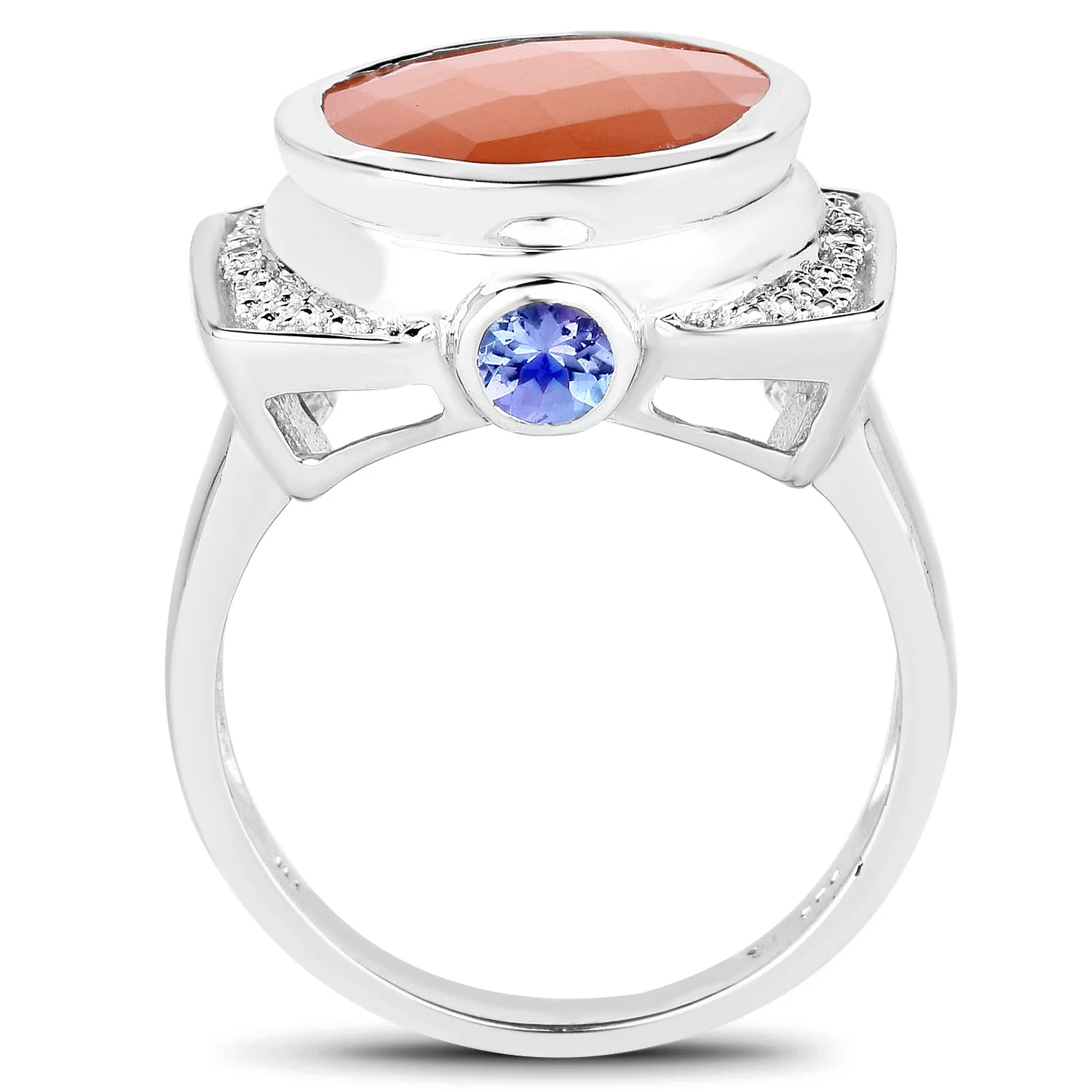 5.99 Carat Genuine Peach Moonstone, Tanzanite and White Topaz .925 Sterling Silver Ring - Image 2