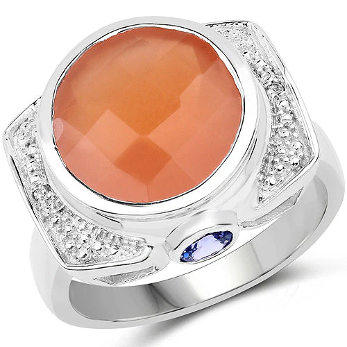 5.99 Carat Genuine Peach Moonstone, Tanzanite and White Topaz .925 Sterling Silver Ring - Image 4