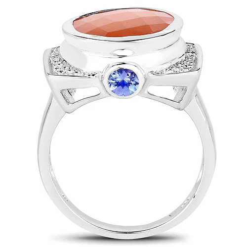 5.99 Carat Genuine Peach Moonstone, Tanzanite and White Topaz .925 Sterling Silver Ring - Image 5