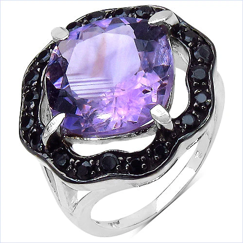 6.09 Carat Genuine Amethyst & Black Spinel .925 Sterling Silver Ring - Image 2