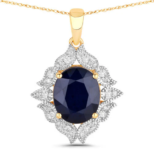 6.44 Carat Genuine Blue Sapphire and White Diamond 14K Yellow Gold Pendant