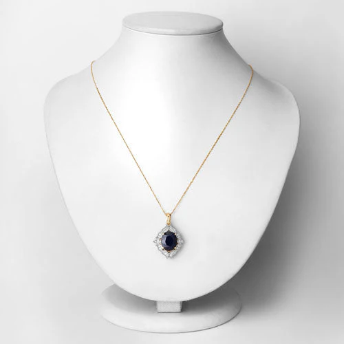 6.44 Carat Genuine Blue Sapphire and White Diamond 14K Yellow Gold Pendant - Image 2