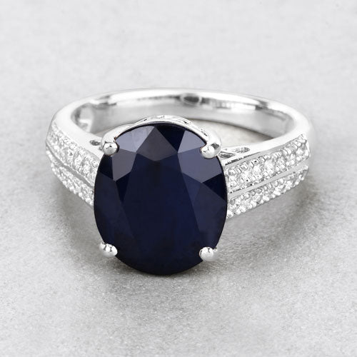 6.49 Carat Genuine Blue Sapphire and White Diamond 14K White Gold Ring - Image 4