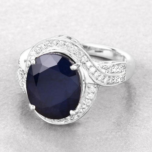 6.52 Carat Genuine Blue Sapphire and White Diamond 14K White Gold Ring - Image 4