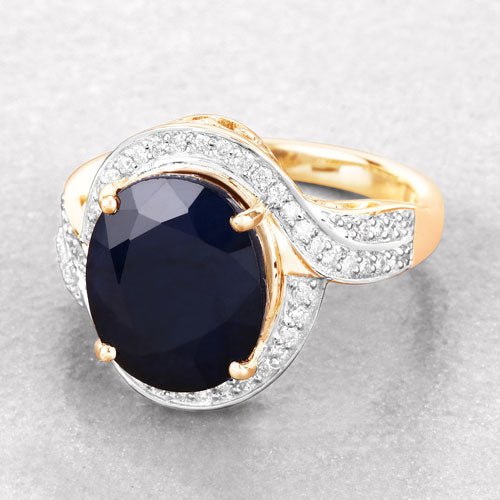 6.52 Carat Genuine Blue Sapphire and White Diamond 14K Yellow Gold Ring - Image 4