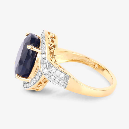 6.52 Carat Genuine Blue Sapphire and White Diamond 14K Yellow Gold Ring - Image 6
