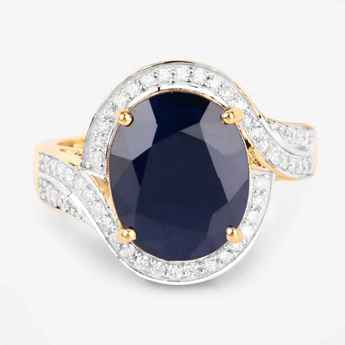6.52 Carat Genuine Blue Sapphire and White Diamond 14K Yellow Gold Ring - Image 8