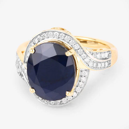 6.52 Carat Genuine Blue Sapphire and White Diamond 14K Yellow Gold Ring - Image 9