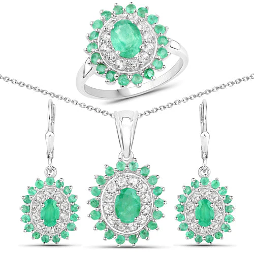 6.53 Carat Genuine Zambian Emerald and White Topaz .925 Sterling Silver 3 Piece Jewelry Set (Ring, Earrings, and Pendant w/ Chain) - Image 5