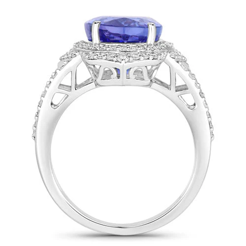 6.56 Carat Genuine Tanzanite and White Diamond 14K White Gold Ring - Image 2