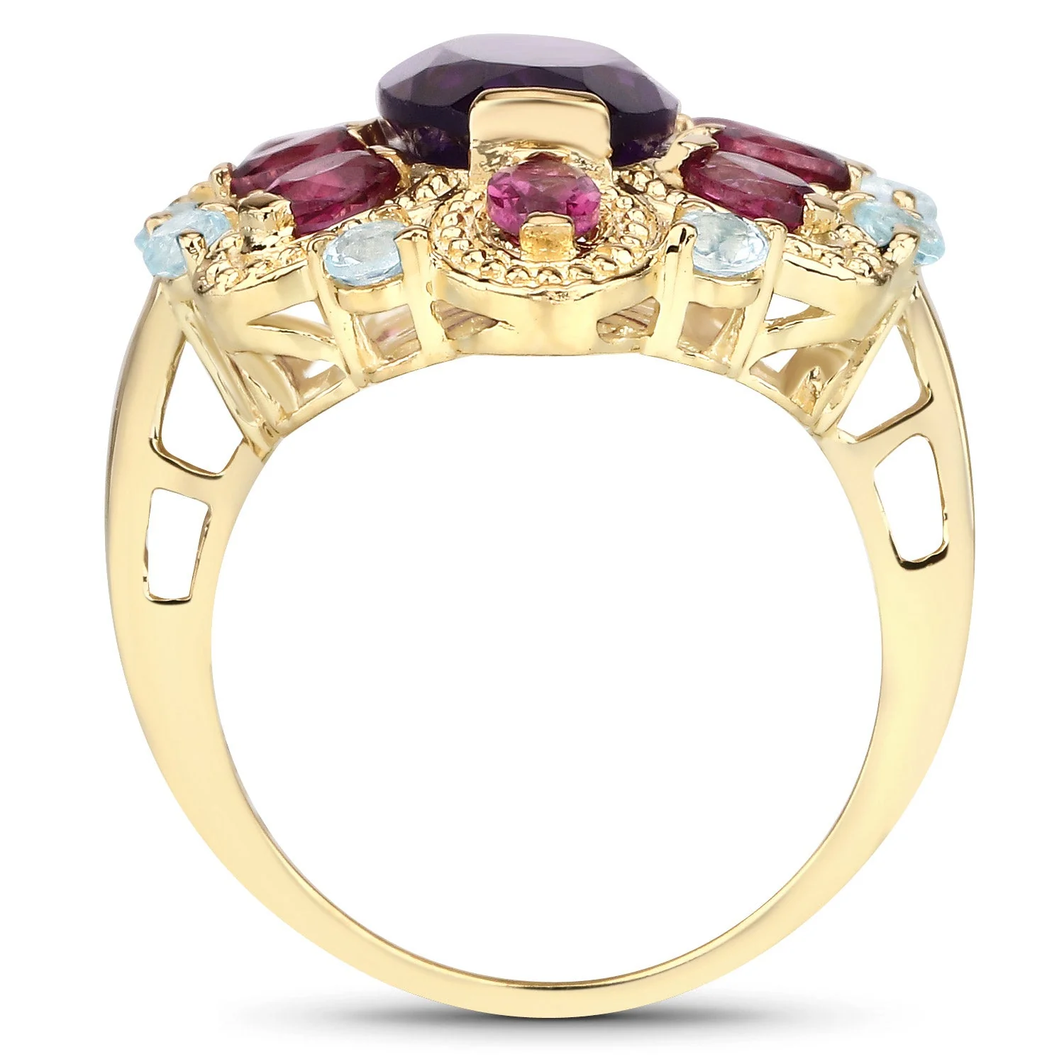 6.80 Carat Genuine Amethyst, Rhodolite and Blue Topaz .925 Sterling Silver Ring - Image 2