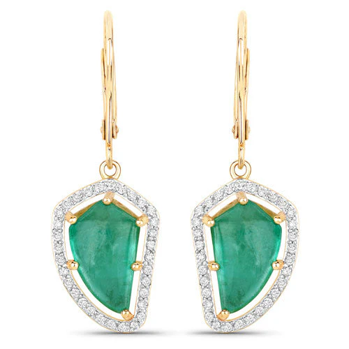 7.56 Carat Genuine Colombian Emerald and White Diamond 14K Yellow Gold Earrings - Image 4