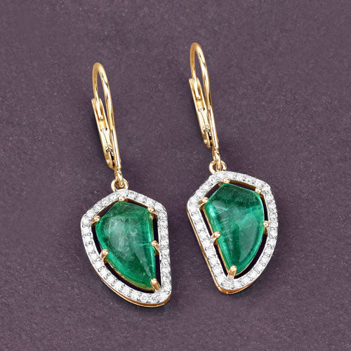 7.56 Carat Genuine Colombian Emerald and White Diamond 14K Yellow Gold Earrings - Image 5