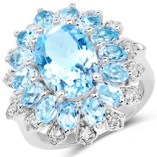 7.57 Carat Genuine Blue Topaz and White Topaz .925 Sterling Silver Ring - Image 4