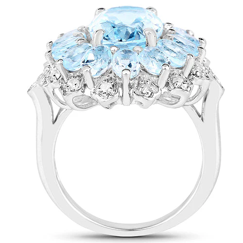 7.57 Carat Genuine Blue Topaz and White Topaz .925 Sterling Silver Ring - Image 5