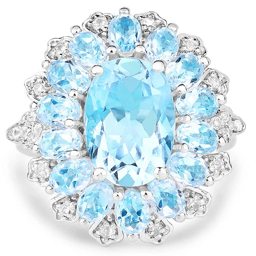 7.57 Carat Genuine Blue Topaz and White Topaz .925 Sterling Silver Ring - Image 6