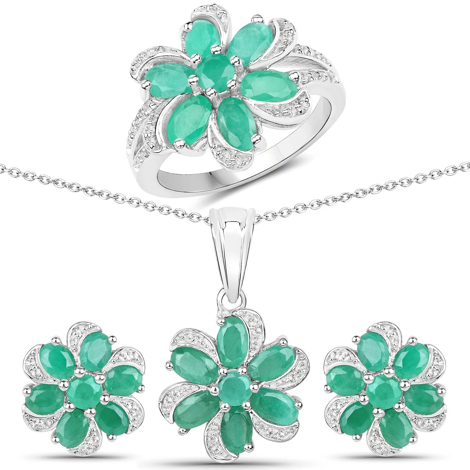 7.84 Carat Genuine Emerald and White Topaz .925 Sterling Silver 3 Piece Jewelry Set (Ring, Earrings, and Pendant w/ Chain) - Image 2