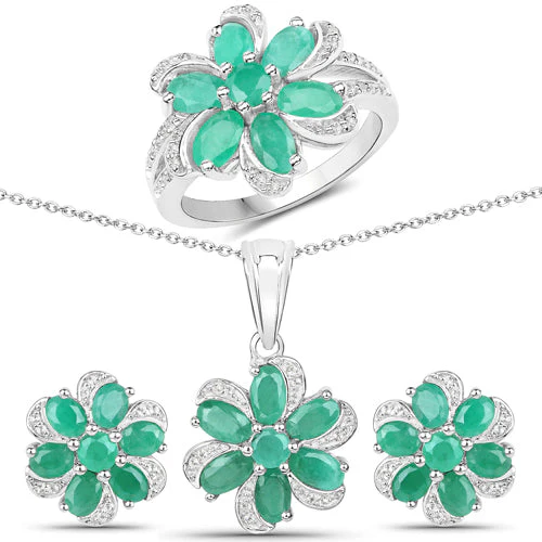 7.84 Carat Genuine Emerald and White Topaz .925 Sterling Silver 3 Piece Jewelry Set (Ring, Earrings, and Pendant w/ Chain) - Image 6