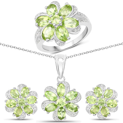 8.04 Carat Genuine Peridot and White Topaz .925 Sterling Silver 3 Piece Jewelry Set (Ring, Earrings, and Pendant w/ Chain) - Image 5